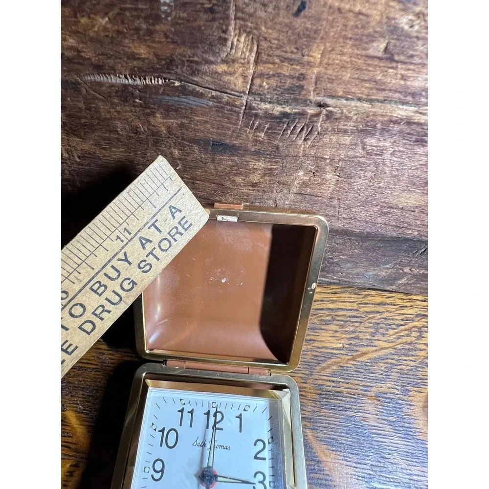 Vintage Seth Thomas Travel Alarm Clock Folding Clamshell Gold Brown Brazil Made
